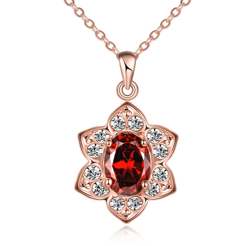 Inlay red Zirconia flower Pendant Rose gold-color Party Gift Wholesale Jewellery Women Necklace Gift Jewelry luxury pendant