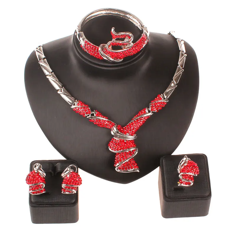 Африканский набор украшений для женщин вечерние аксессуары посеребренные красные стразы свадебное ожерелье серьги Ювелирные наборы