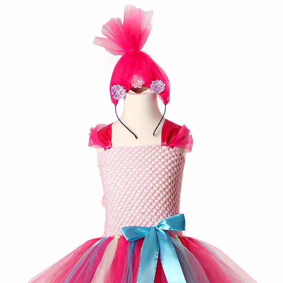 Girls Troll Poppy Tutu Dress Kids Halloween Pink Tulle Costume (12)