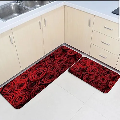 

2 Piece Kitchen Mats and Rugs Set Red Rose Flowers Home Deocr Non Skid Area Runner Doormats Carpet