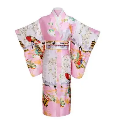Винтаж розовый японский Для женщин атлас кимоно классический юката хаори Новинка Вечеринка платье цветок Косплэй костюм один размер JK002