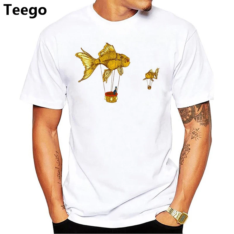 100% Cotton Hot Air Balloons Design Men T-shirt Goldfish Printed Male Cool Tops Hipster Style Short Sleeve Casual Tee T Shirts | Мужская
