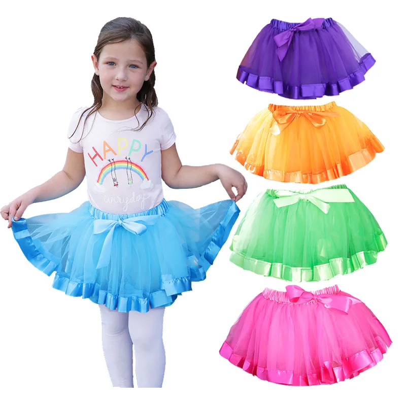 

0-8Y Candy Color Baby Girl Kids Tutu Skirt Soft Tulle Pettiskirt Tutus with Ribbon Children Ballet Dance Ruffle Skirts