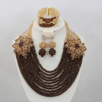 

Fabulous Chocolate Brown Gold Champagne Crystal Nigerian Traditional Wedding African Beads Jewelry Set Free Shipping WD676