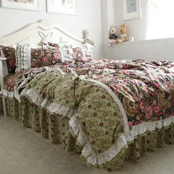 

New national classic scape print bedding set elegant embroidery lace ruffle duvet cover handmade wrinkle bed sheet bedspread