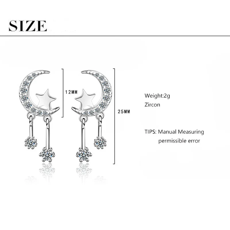 Anenjery простой 925 пробы Серебряный мозаичный Циркон Луна Звезда кисточкой серьги для женщин подарок brincos oorbellen S-E813