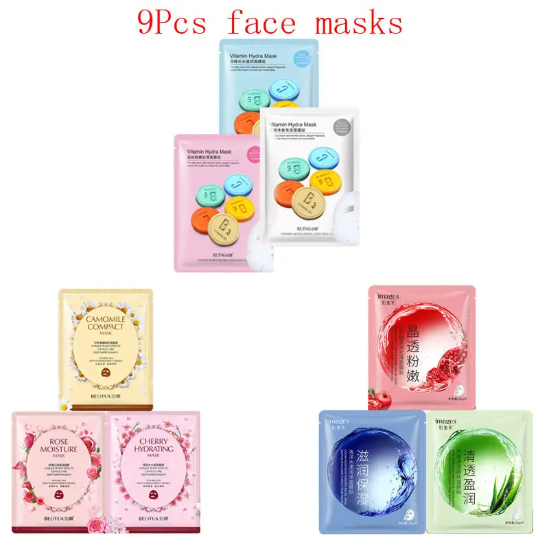 9Pcs Face Mask fruit Plant flowers vitamin extraction Moisturizing