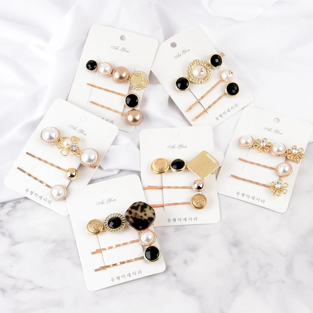 

3pcs/Pack New Women Elegant Acetate Pearl Geometric Alloy Hairpins Sweet Headband Barrettes Hair Clips Fashion Hair Accessories