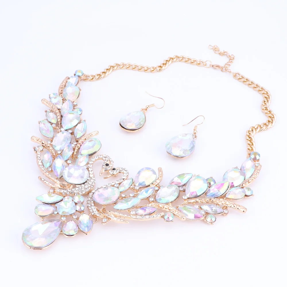 Лебедь AB кристалл свадебный ювелирный набор для женщин золотой цвет ожерелье серьги Свадебные модные ювелирные бусы подарок - Окраска металла: gold AB