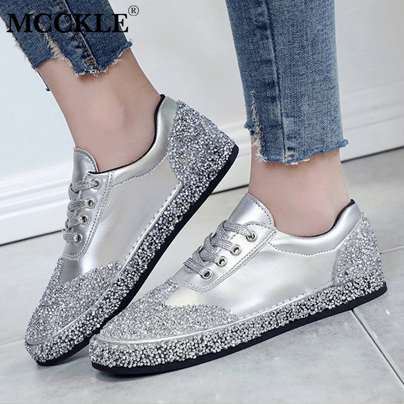 

MCCKLE Women Flat Casual Bling Platform Vulcanized Shoes Spring Crystal Female Lace Up Sneakers Fashion Ladies Flats Footwear
