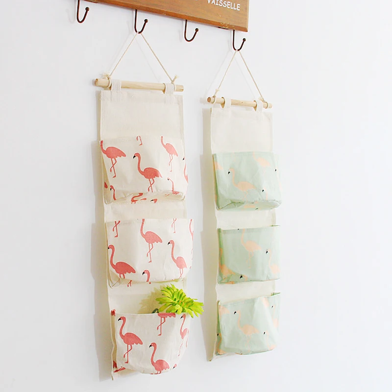

3 Layer Linen Hot Flamingo Storage Bag Wardrobe Hanging Bag Wall Pouch Cosmetic Toys Organize Pockets Stationery Contain
