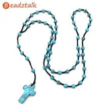 Beadztalk для мужчин и женщин католический Христос камень бусины 6 мм Четки бисера крест кулон тканые веревки ожерелье синий черный зеленый и т. Д