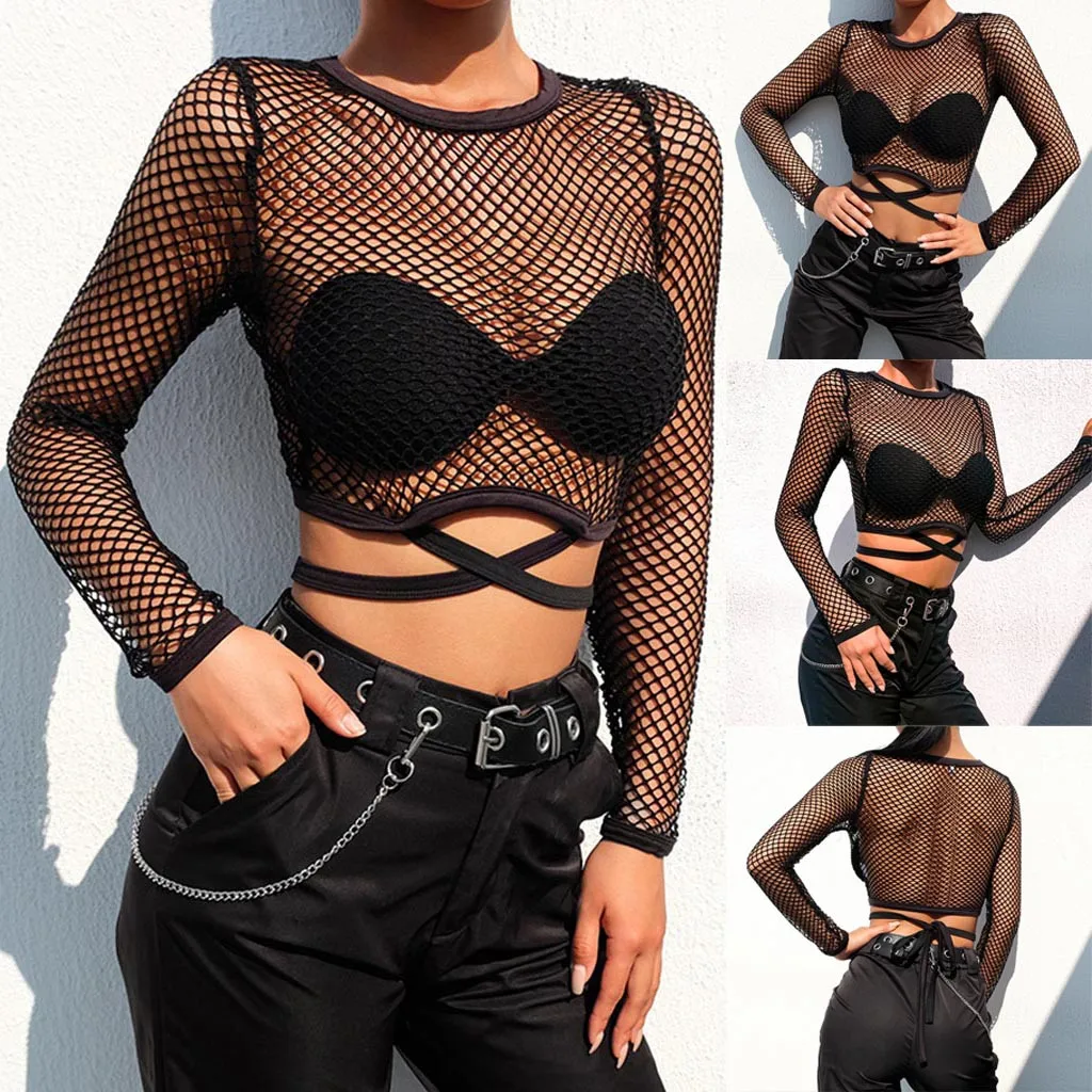 

Fashion Ladies sexy T-shirt top 2019 women hole solid color O-neck navel mesh perspective patchwork casual shirt camiseta mujer