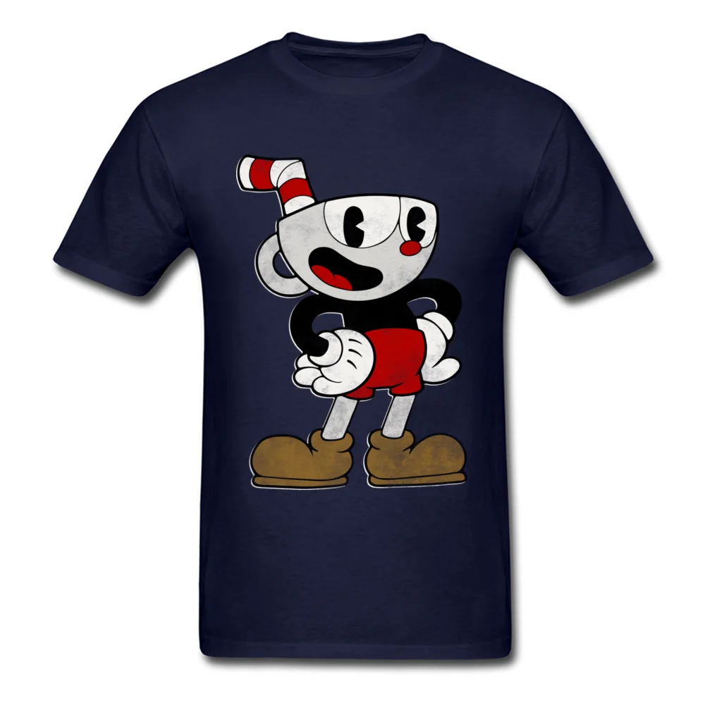 Cuphead Pose Cotton Fabric Tops & Tees for Men Hip hop T-Shirt Party Fashionable O-Neck Tops T Shirt Short Sleeve Cuphead Pose navy