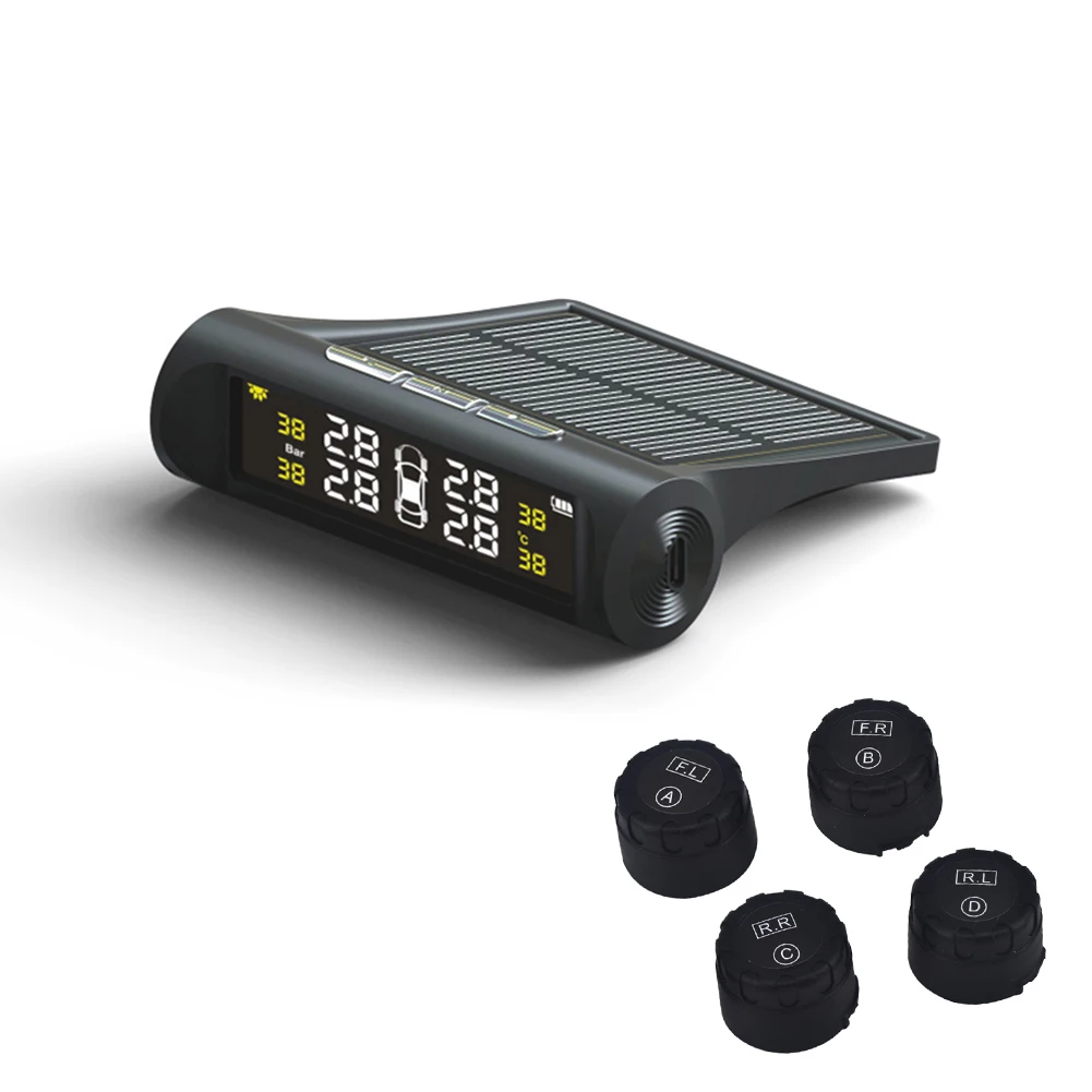 

LCD Color Display TPMS TP880 Car Tire Pressure Monitoring System Solar Energy with 4 External tire-pressure wireless sensors