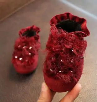 Зимняя теплая детская обувь для принцесс с бриллиантами; хлопковая обувь; Нескользящие Детские ботинки; обувь для малышей с жемчугом - Цвет: Красный
