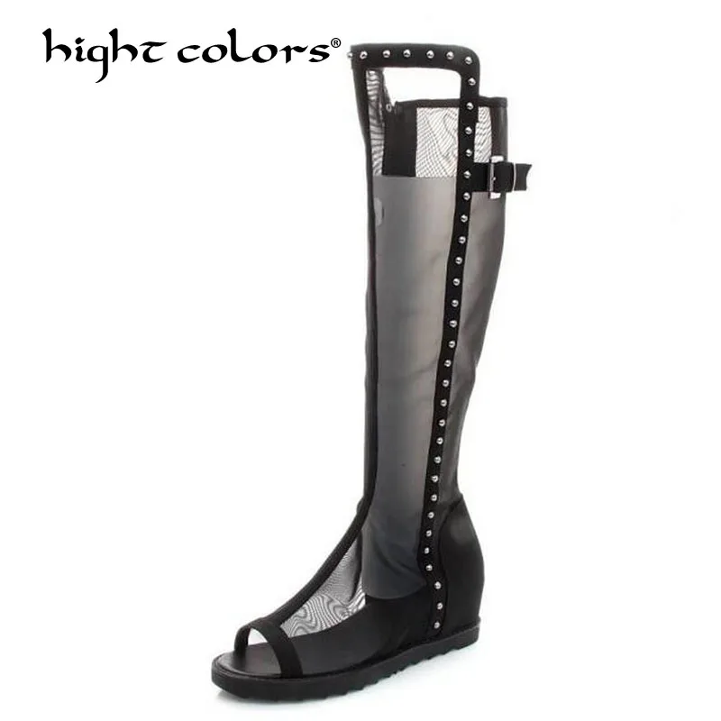 

Hot Sale New 2018 Fashion Summer Hollow Women Long Boots Fashion Cut Outs Ladies Rivet Height Increasing Shoes ljm2205