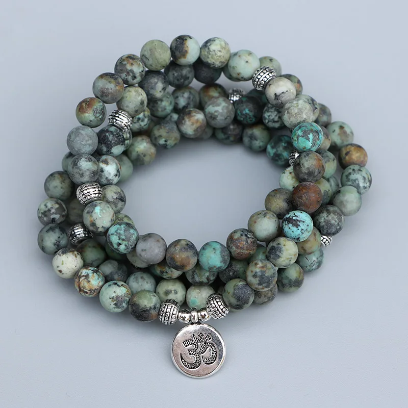 

EDOTHALIA 108 Beads Mala Bracelet For Women Men 8MM Matte African Turquois Stone Silver Color Charm Yoga Bracelet
