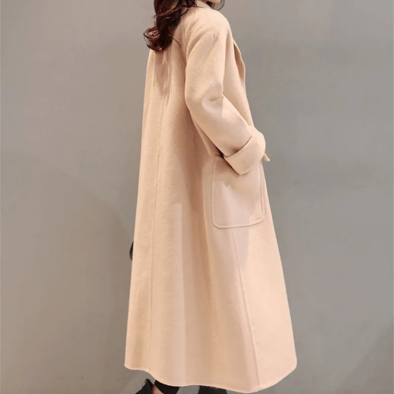 Женское зимнее шерстяное длинное пальто размера плюс винтажная элегантная одежда свободное модное корейское пальто
