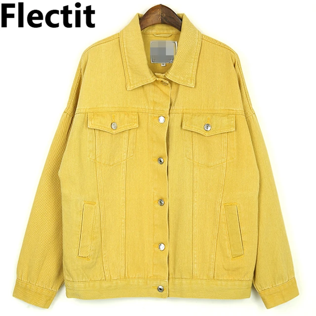 US $31.08 Flectit 2019 High Quality Candy Colored Denim Jacket Women Oversize Long Sleeve with Lapel Pocket L