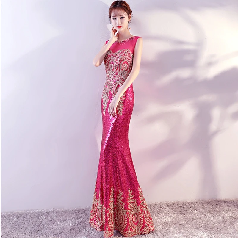 Ярко-розовое сексуальное длинное женское платье Русалочки с блестками элегантное узкое вечернее праздничное платье Vestidos без рукавов сценическое платье