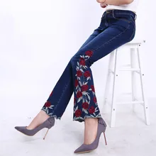 Spring and Autumn Micro-horn Embroidery folk-custom Elasticity jeans