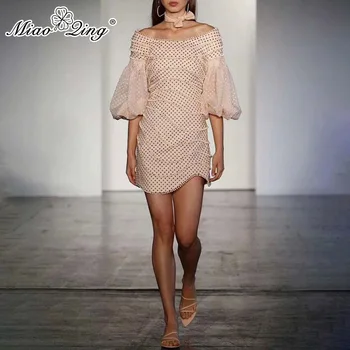 

MIAOQING Women's chiffon beaded patchwork slash neck and lantern sleeve irregular mini dress summer elegant new