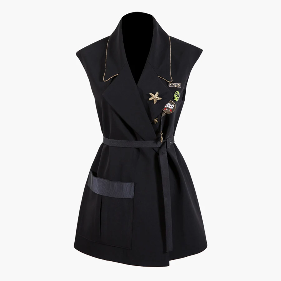 

VERDEJULIAY Runway Black Vest Women 2020 Autumn Spring Fashion New Sleeveless Appliques Design Patchwork Pocket Elegant Slim Top
