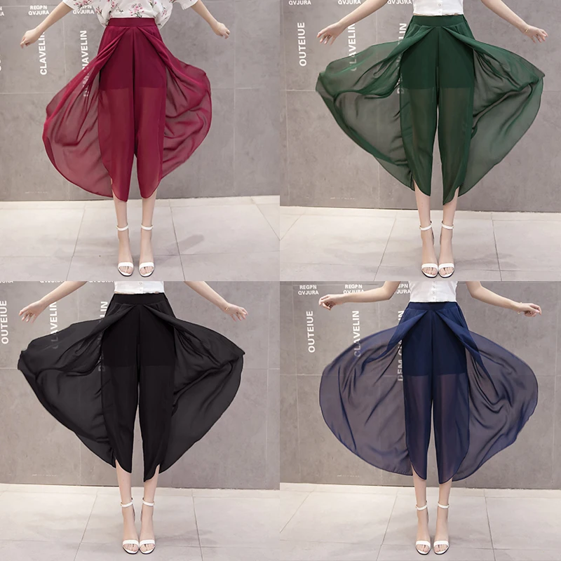Womens Chiffon Pleated Pants Wide Leg Palazzo Trouser Cropped Stretch Gradient