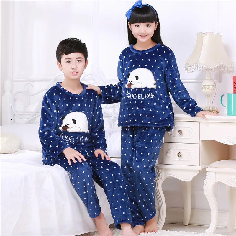 Winter Children Fleece Pajamas Thicken Warm Flannel Sleepwear Girls Lounge Boy Coral Fleece Kids