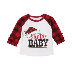 От 1 до 5 лет для маленьких девочек, красная клетчатая Рождественская хлопковая футболка с длинными рукавами и оборками с Санта-Клаусом