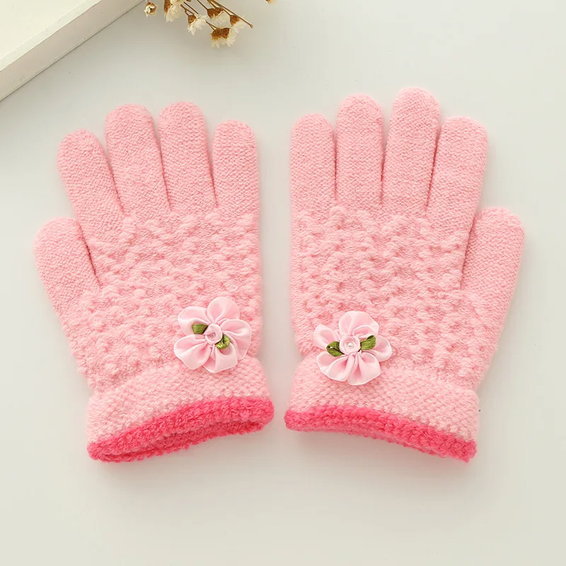 Princess Girls Pink Gloves Soft Warm Imitation Cashmere Glove Beautiful Flower Knit Finger
