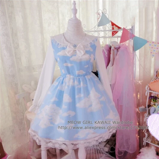 

Kawaii Girls Lolita Blue Sky & White Clouds Double Layers Dress Organza Fairy Kei One-piece Sailor Collar White Bow