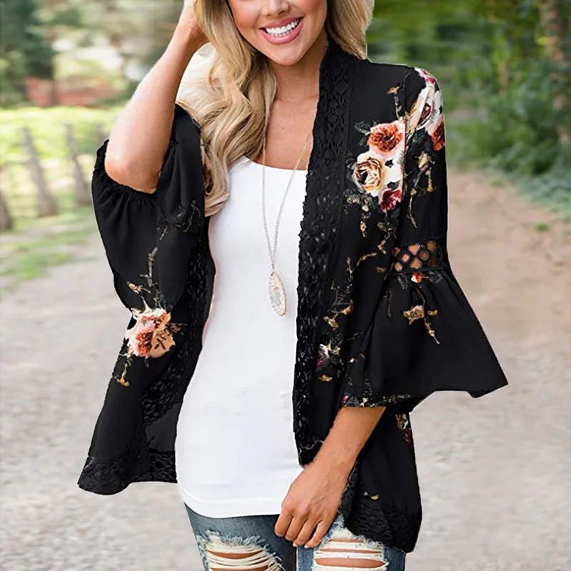Gladiolus 2019 Spring Womens Tops And Blouses Loose Floral Print Flare Sleeve Lace Women Kimono Cardigan Summer Shirts Plus Size (52)