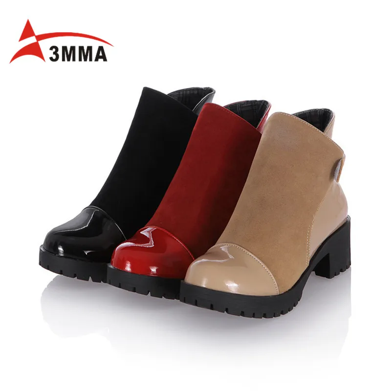 3MMA Handmand Large Size Black Red Chunky Heel Patchwork Ankle Boots for Women Black Hook Booties