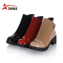 3MMA Handmand Large Size Black Red Chunky Heel Patchwork Ankle Boots for Women Black Hook Booties Chelsea Boots Suede Round Toe