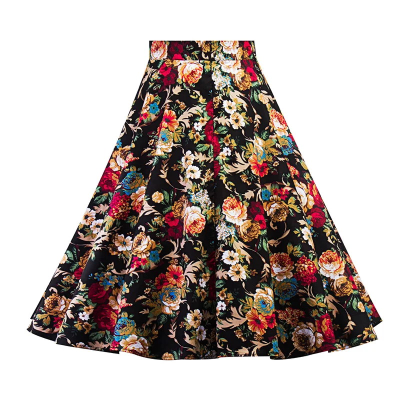 Kostlich 2017 New Summer Skirts Womens Print Floral High Waist 1950s 60s Vintage Midi Skirt Casual A-Line Big Swing Women Skirt (8)