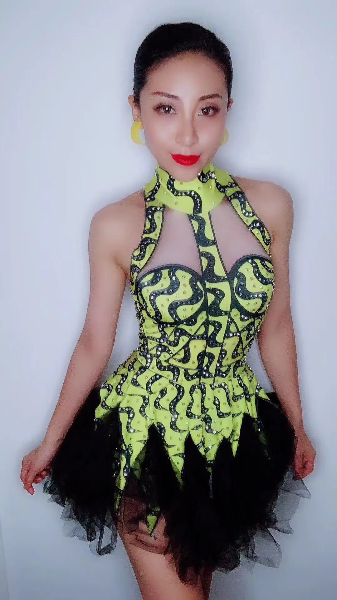 Sexy Sparkly Rhinestones Printed Dress Stage Costume Women's