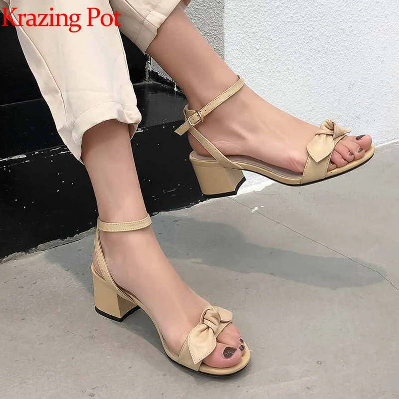 

Krazing pot genuine leather peep toe fashion women thick high heel front rear strap sandals dress lady butterfly-knot shoes L3f9