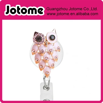 

Cute Baby white Owl Fashion Badge Pull Reel Retractable ID Holder with Crystal Rhinestones