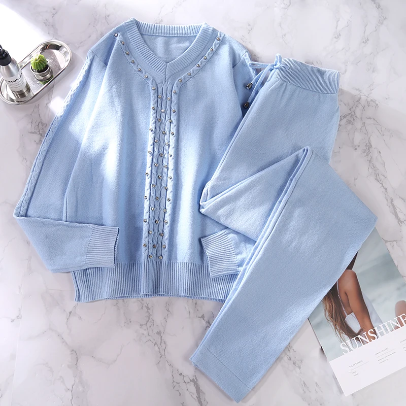 ALPHALMODA New Winter Women Knitted Diamond Sweater Pants Suit Tidy V-collar Twisted Crystal Jumper Trousers Tracksuits