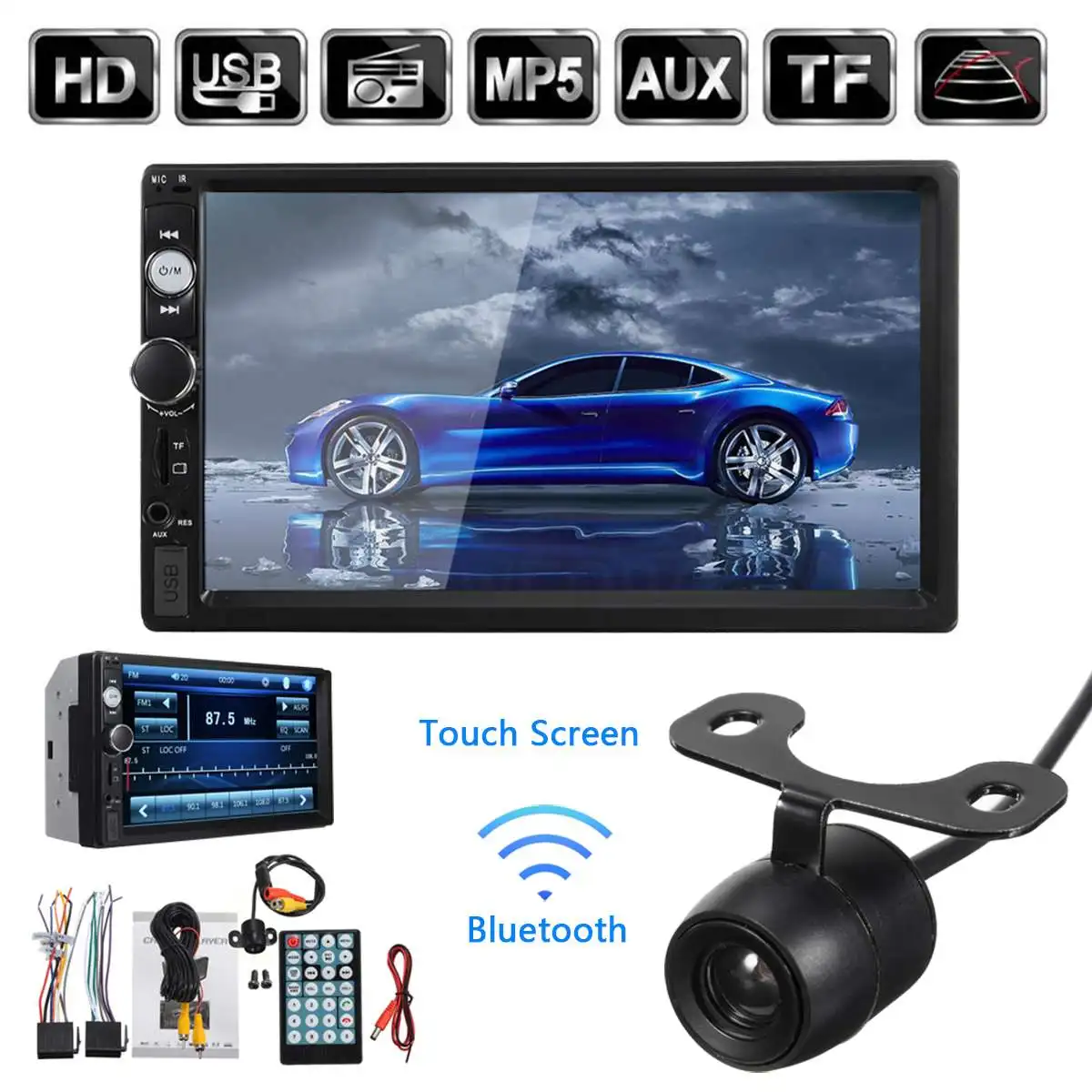 

7" 2Din Car Multimedia Player bluetooth Stereo Radio Audio FM Radio MP5 Player with Remote Touchable USB AUX TF + Rear Camera