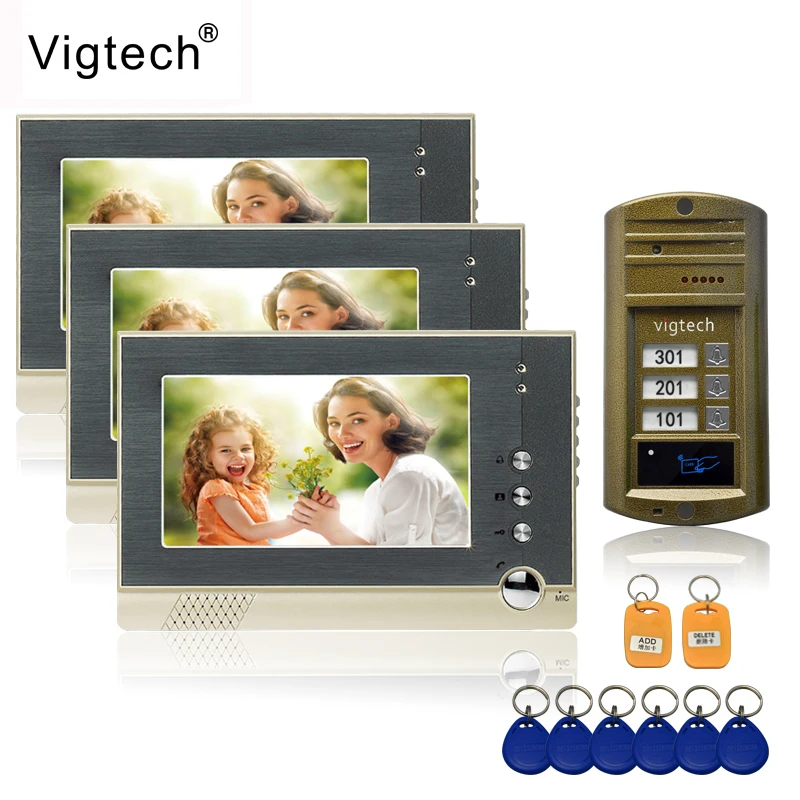 Vigtech 7'' color video door phone 3 monitors with 1 intercom doorbell can control 3 houses for multi apartment RFID Camera