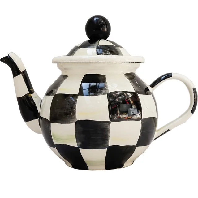 Handmade porcelain enamel checkerboard black white kettle tea pot