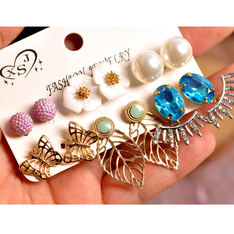 

2019 New fashion women jewelry wholesale girls' party pearl stud mix-and-match 6 pairs /set gorgeous beautiful earrings gift