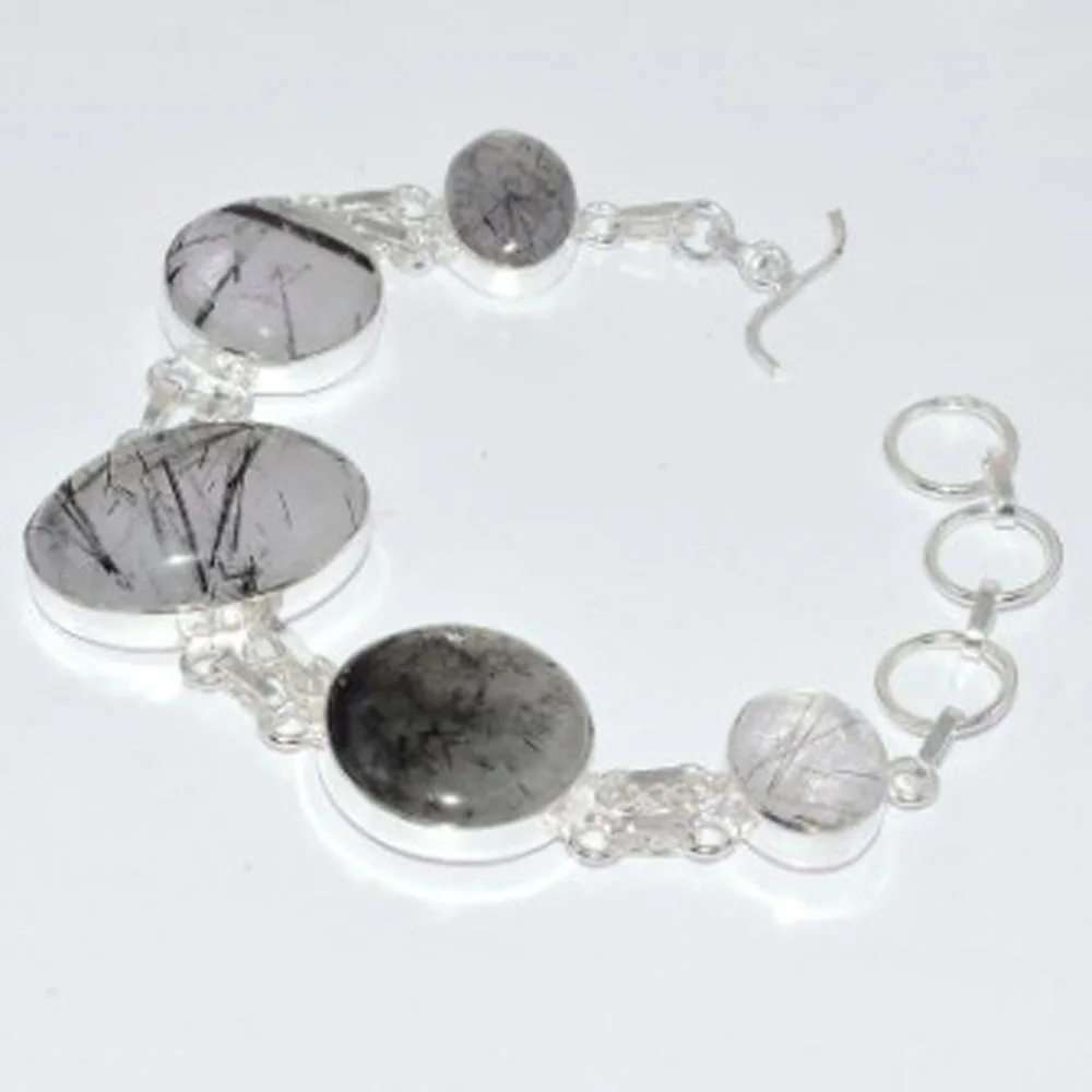 

Black Rutiles Quarts Bracelet Silver Overlay over Copper , 22.5 cm, B3515
