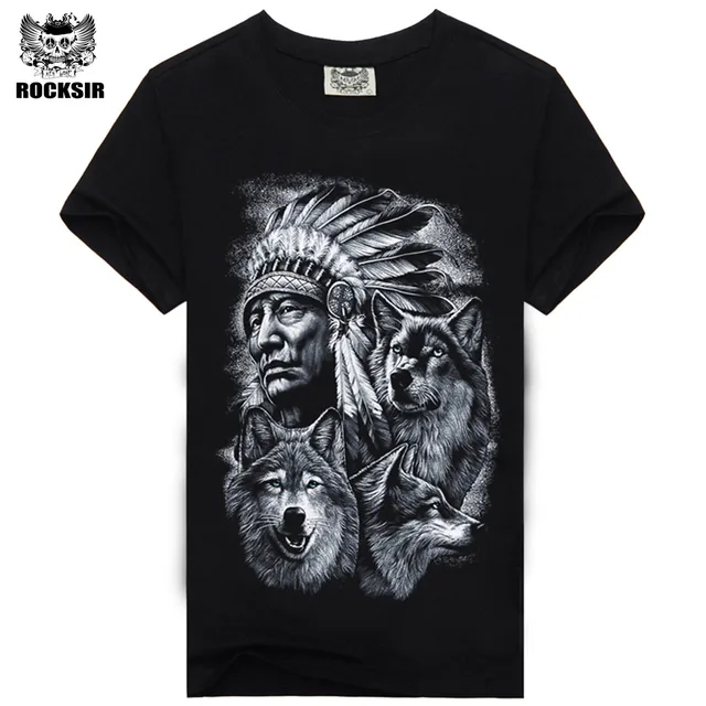 Rocksir Fashion Brand 3D Indians wolf Print T shirts O neck Short Sleeves Cotton wolf Men t-Shirt Casual Man Tees Mens Tops