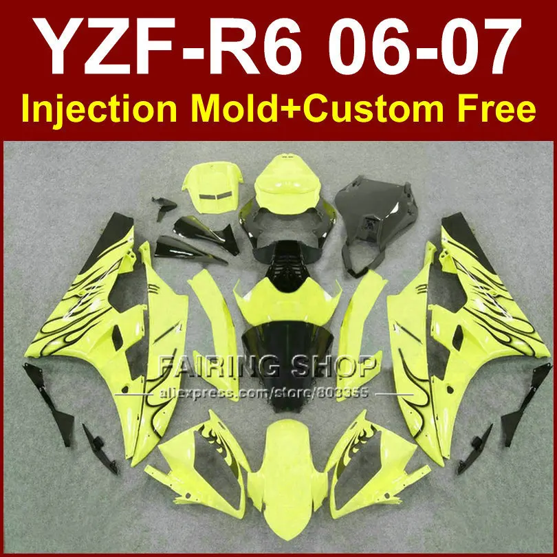 

Motorcycle fairing kits for YAMAHA R6 2006 2007 Black flame in yellow fairings set  YZF R6 06 07 ABS bodyworks YQ4T