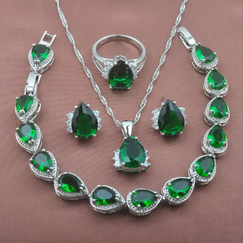 Fancy Green Zirconia Women's 925 Sterling Silver Crystal Jewelry Sets