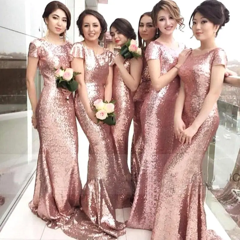 

Vestido longo New Long Bridesmaid Dresses 2017 Scoop Neck Short Sleeves Floor Length Sequined Mermaid Party Prom Dresses